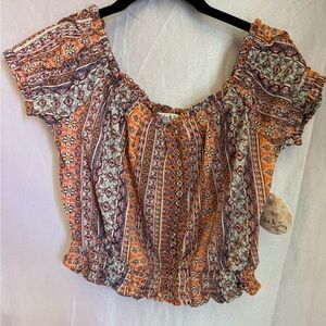 Vibrant Orange Patterned Blouse NWT Large